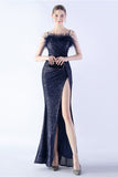 Black Sheath Sequin Formal Dress with Feather