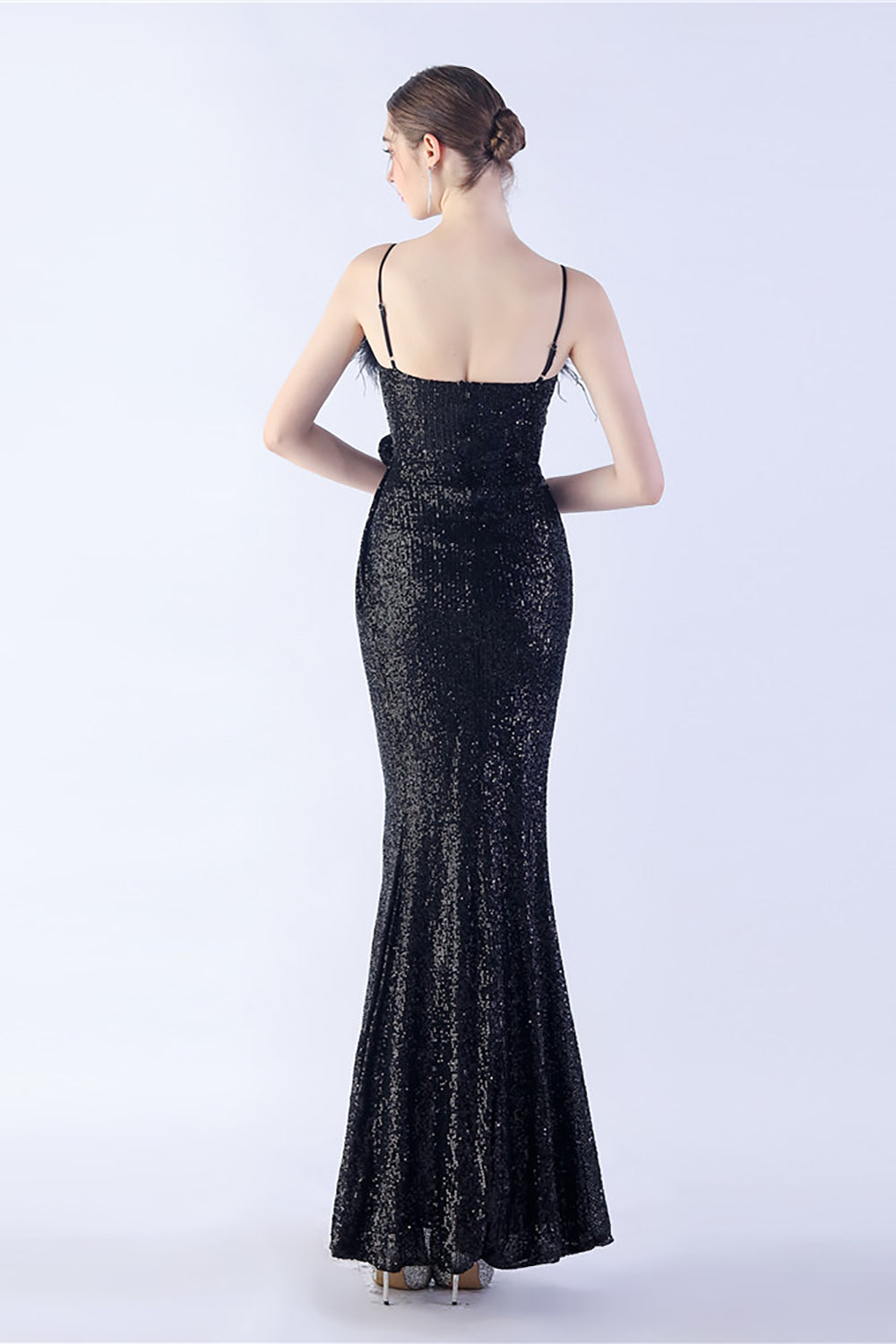 WEDTREND Women Black Maxi Formal Dress with Feather Spaghetti Straps Sheath Sequin Party Dress with Slit Wedtrend UK WEDTREND Women Black Maxi Formal Dress with Feather Spaghetti Straps Sheath Sequin Party Dress with Slit Wedtrend UK