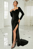 Black Mermaid Velvet Long Sleeve Formal Dress