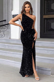 Black Mermaid One Shoulder Sequin Long Formal Dress