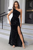 Black Mermaid One Shoulder Sequin Long Formal Dress