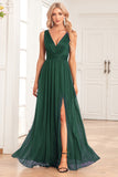 Sparkly A-Line V-Neck Dark Green Formal Dress with Slit