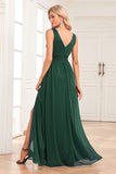 Sparkly A-Line V-Neck Dark Green Formal Dress with Slit
