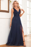 Sparkly A-Line V-Neck Dark Green Formal Dress with Slit