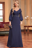 A-Line Long Sleeves Navy Formal Dress with Beading