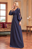 A-Line Long Sleeves Navy Formal Dress with Beading