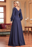 A-Line Long Sleeves Navy Formal Dress with Beading