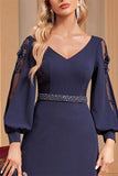 A-Line Long Sleeves Navy Formal Dress with Beading