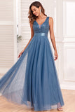 A-Line V-Neck Blue Long Formal Dress