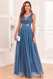 A-Line V-Neck Blue Long Formal Dress