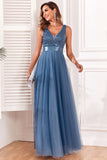 A-Line V-Neck Blue Long Formal Dress