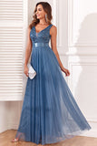 A-Line V-Neck Blue Long Formal Dress