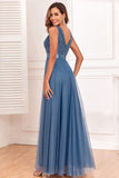 A-Line V-Neck Blue Long Formal Dress