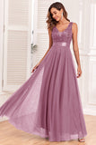 A-Line V-Neck Blue Long Formal Dress
