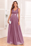 A-Line V-Neck Blue Long Formal Dress