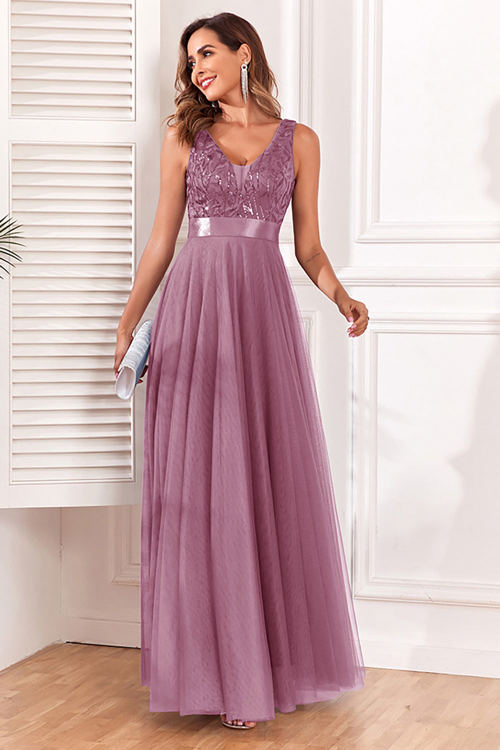 A-Line V-Neck Blue Long Formal Dress