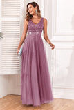 A-Line V-Neck Blue Long Formal Dress
