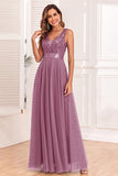 A-Line V-Neck Blue Long Formal Dress