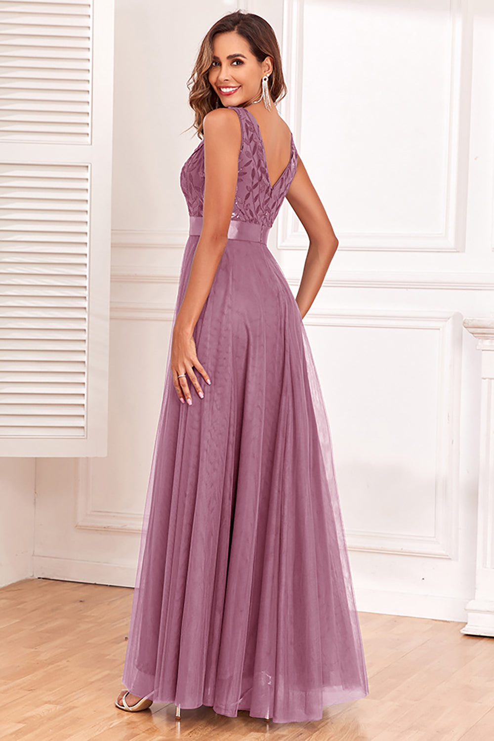 A-Line V-Neck Blue Long Formal Dress
