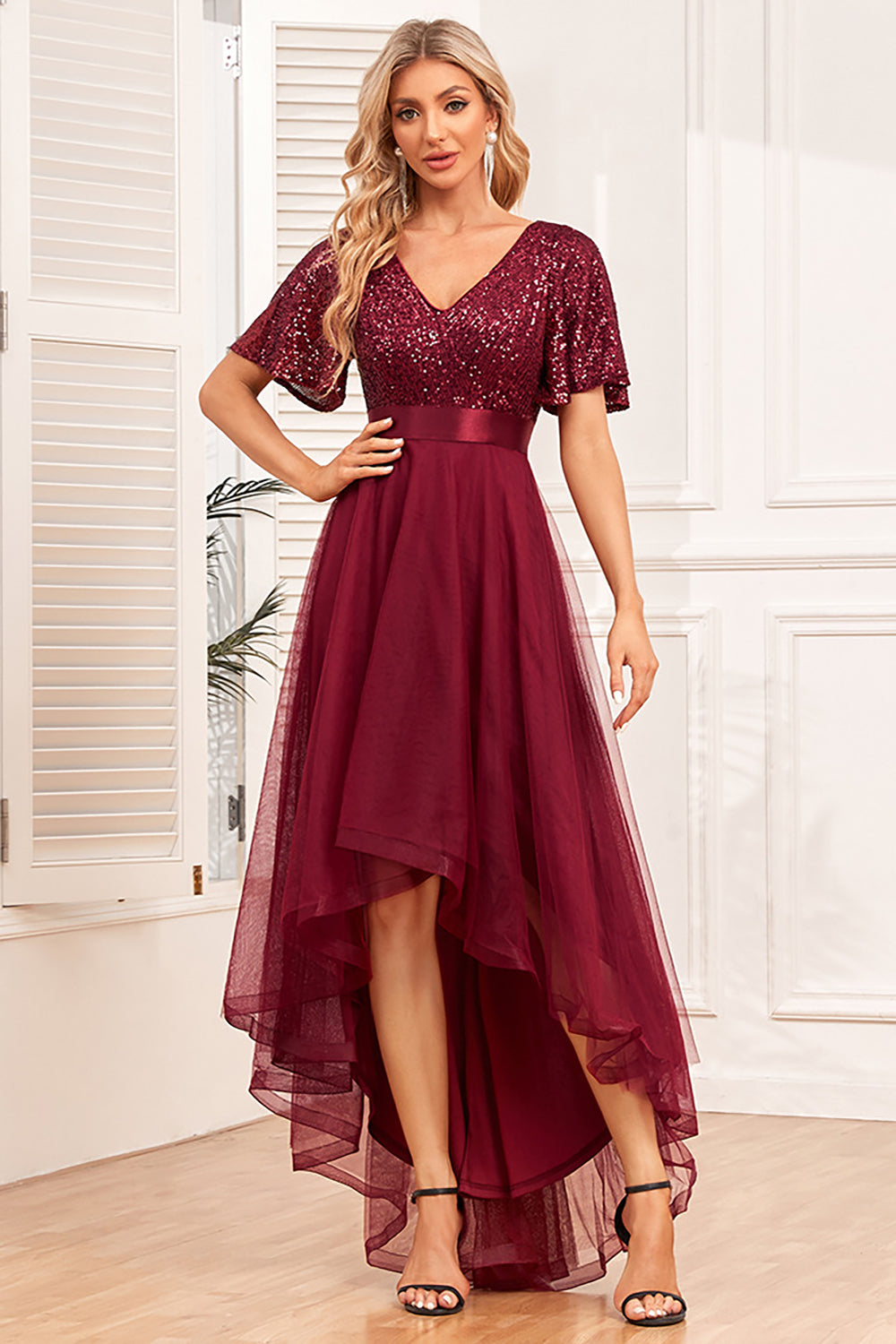 WEDTREND Women Burgundy High Low Formal Dress A-Line V Neck Short Sleeves Evening Dress – Wedtrend UK