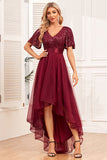 Burgundy A-Line V Neck Short Sleeves High Low Formal Dress