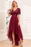 Burgundy A-Line V Neck Short Sleeves High Low Formal Dress
