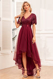 Burgundy A-Line V Neck Short Sleeves High Low Formal Dress