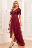 Burgundy A-Line V Neck Short Sleeves High Low Formal Dress