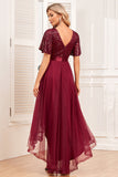 Burgundy A-Line V Neck Short Sleeves High Low Formal Dress