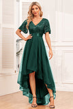 Burgundy A-Line V Neck Short Sleeves High Low Formal Dress