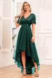 Burgundy A-Line V Neck Short Sleeves High Low Formal Dress