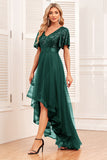 Burgundy A-Line V Neck Short Sleeves High Low Formal Dress