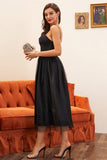 Black Spaghetti Straps A Line Midi Formal Dress
