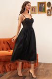 Black Spaghetti Straps A Line Midi Formal Dress
