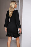 Ruched Long Sleeve Little Black Dress With Ruffles