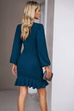 Ruched Long Sleeve Little Black Dress With Ruffles
