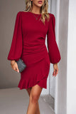 Ruched Long Sleeve Little Black Dress With Ruffles