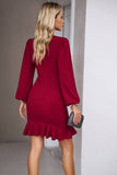 Ruched Long Sleeve Little Black Dress With Ruffles