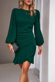 Ruched Long Sleeve Little Black Dress With Ruffles