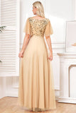 Bat Sleeves A Line Tulle Champagne Sequin Formal Dress