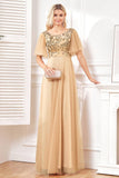 Bat Sleeves A Line Tulle Champagne Sequin Formal Dress