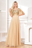 Bat Sleeves A Line Tulle Champagne Sequin Formal Dress