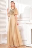Bat Sleeves A Line Tulle Champagne Sequin Formal Dress