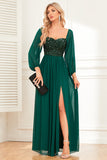 A-Line Dark Green Sequins Formal Dress with Sleeves