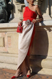 Red One Shoulder Satin Midi Formal Dress with 3D Flowers