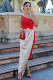 Red One Shoulder Satin Midi Formal Dress with 3D Flowers