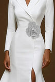 White Notched Lapel Mermaid Satin Beaded Midi Formal Dress