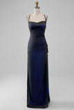 Back Blue Mermaid Spaghetti Straps Long Wedding Party Dress with Slit