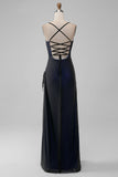 Back Blue Mermaid Spaghetti Straps Long Wedding Party Dress with Slit