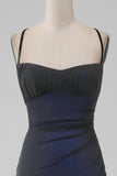 Black Blue Spaghetti Straps Mermaid Pleated Long Bridesmaid Dress with Slit